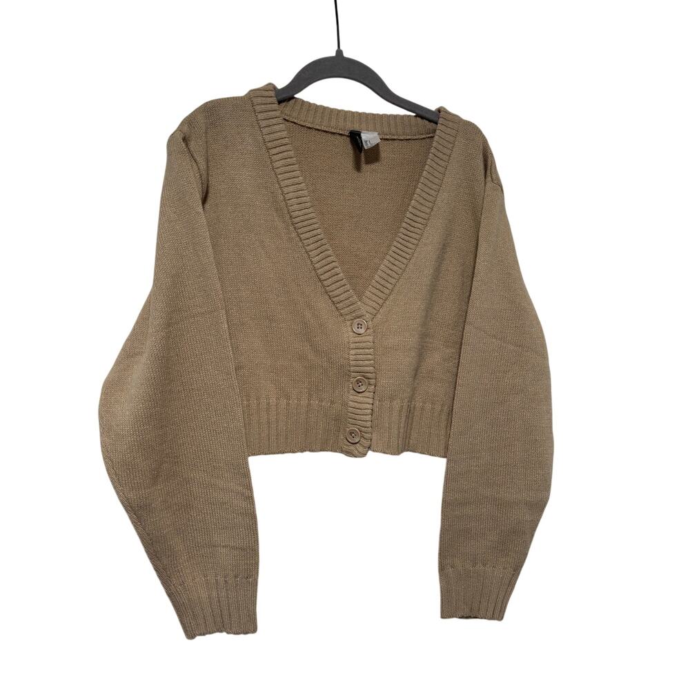 H&M Divided Beige Cropped Button Front Cardigan Women’s Balloon Sleeve - Picture 3 of 9